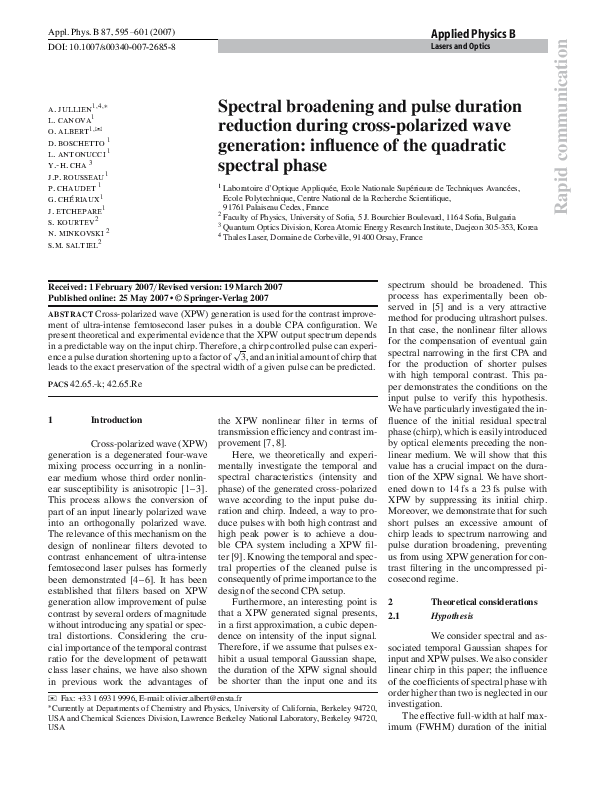 (PDF) Spectral broadening and pulse duration reduction during cross ...