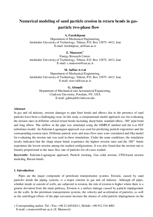 (PDF) Numerical modeling of sand particle erosion in return bends in ...