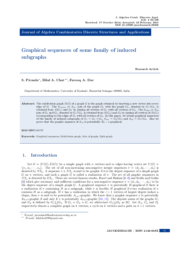 (PDF) Graphical sequences of some family of induced subgraphs