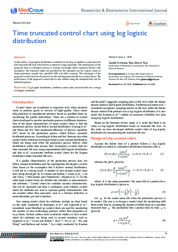  pdf time truncated control chart using log logistic distribution