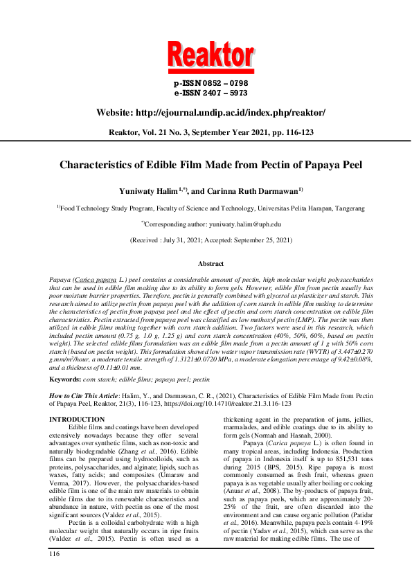 (PDF) Characteristics of Edible Film Made from Pectin of Papaya Peel