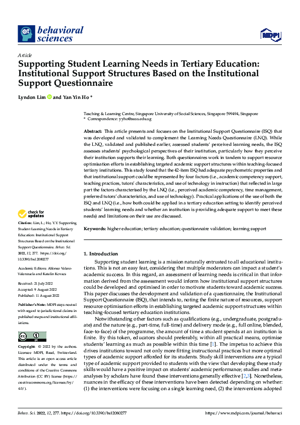 (PDF) Supporting Student Learning Needs in Tertiary Education ...