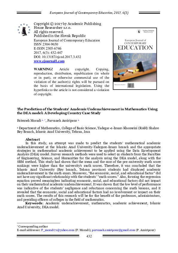 (PDF) The Prediction of the Students' Academic Underachievement in ...