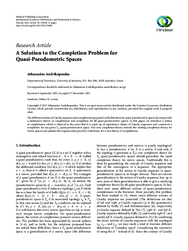 (PDF) A Solution to the Completion Problem for Quasi-Pseudometric Spaces