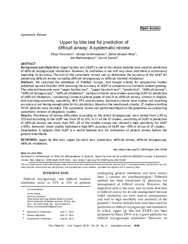 (PDF) Upper lip bite test for prediction of difficult airway A