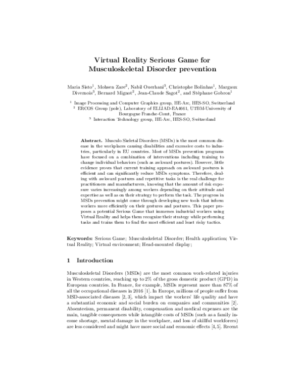 (PDF) Virtual Reality Serious Game for Musculoskeletal Disorder Prevention
