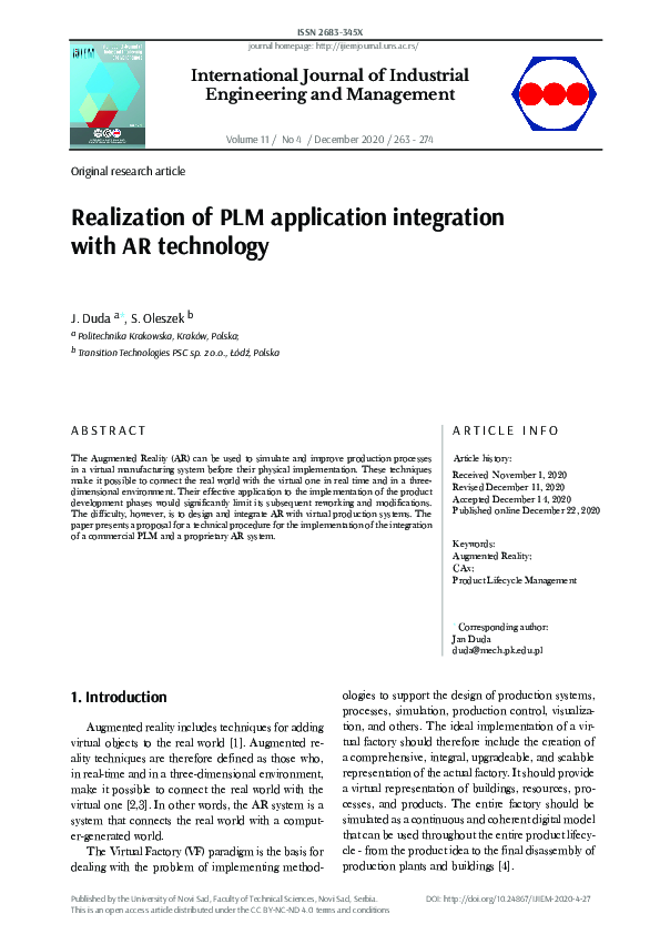 (PDF) Realization of PLM application integration with AR technology