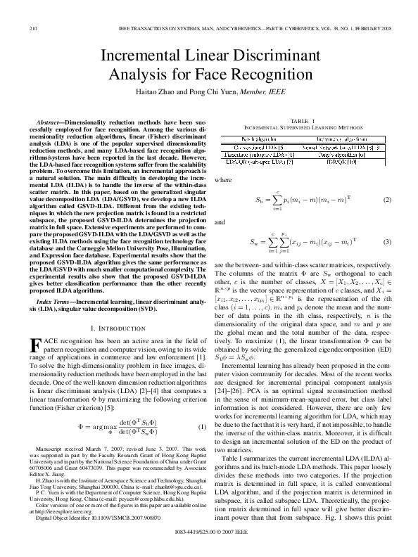 (PDF) Incremental Linear Discriminant Analysis for Face Recognition