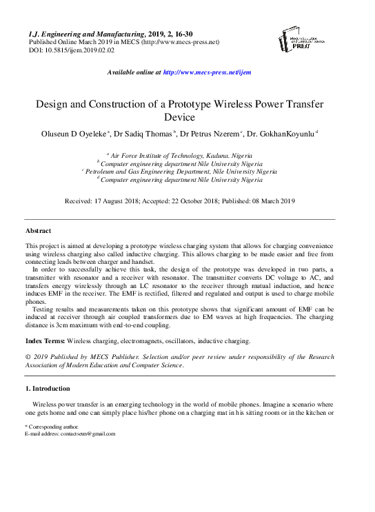 (PDF) Design and Construction of a Prototype Wireless Power Transfer Device