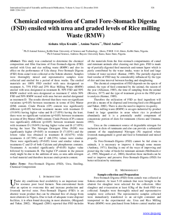 (PDF) Chemical composition of Camel Fore-Stomach Digesta (FSD) ensiled ...