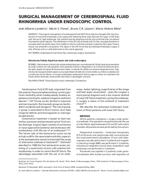 (PDF) Surgical management of cerebrospinal fluid rhinorrhea under ...
