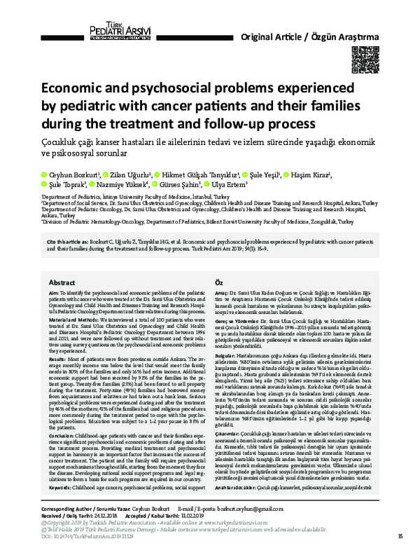 Çocukluk Çağı Kanser Hastaları Ile Ailelerinin Tedavi Ve Izlem Sürecinde Yaşadığı Ekonomik Ve Psikososyal Sorunlar