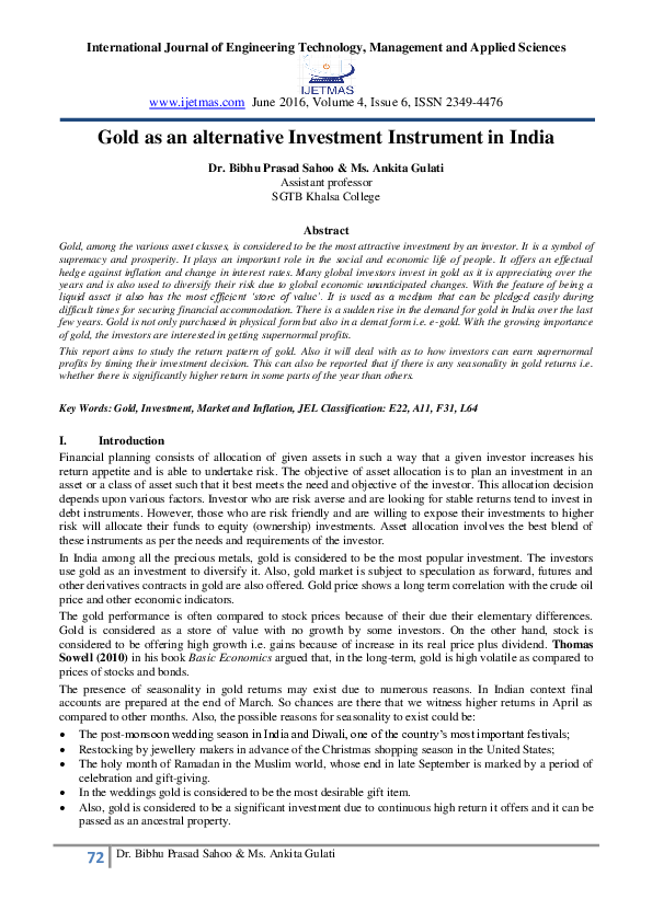 (PDF) Gold as an alternative Investment Instrument in India