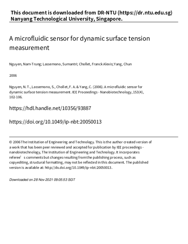 (PDF) Microfluidic sensor for dynamic surface tension measurement