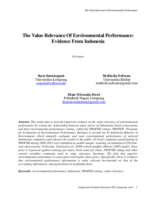 (PDF) The value relevance of environmental performance: evidence from ...