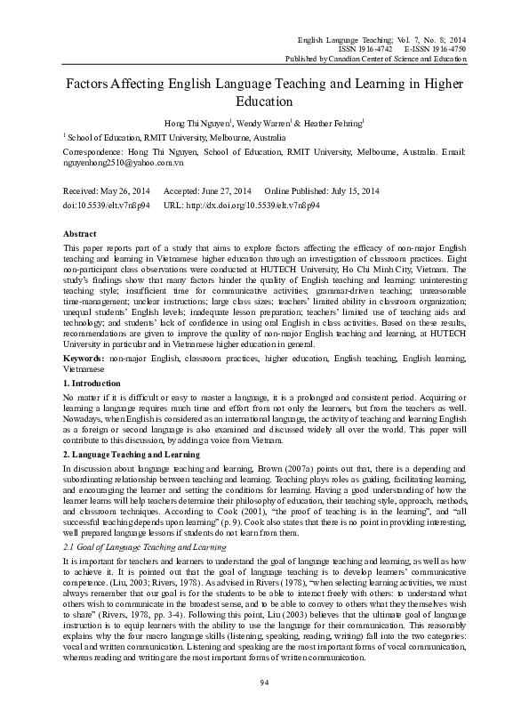 (PDF) Factors Affecting English Language Teaching and Learning in ...