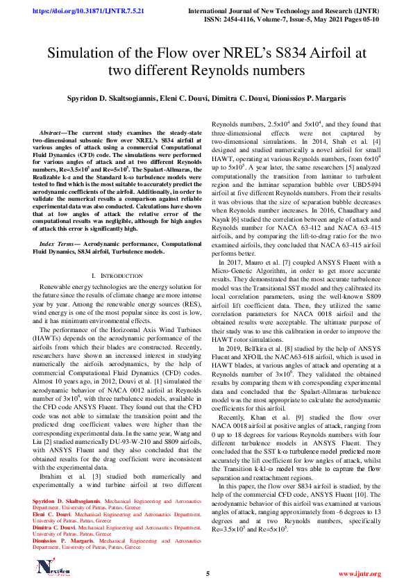 (PDF) Simulation of the Flow over NREL’s S834 Airfoil at two different ...