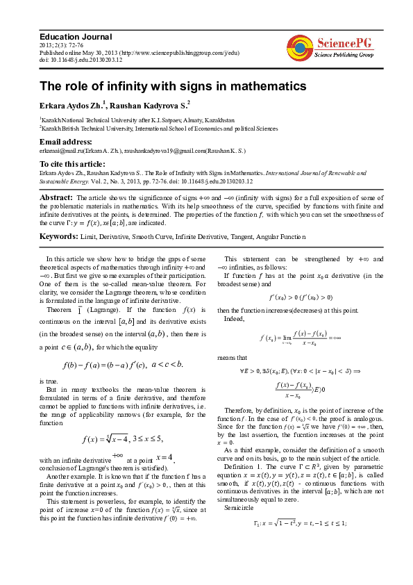 (PDF) The Role of Infinity with Signs in Mathematics