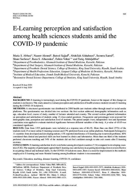 (PDF) E-Learning perception and satisfaction among health sciences ...