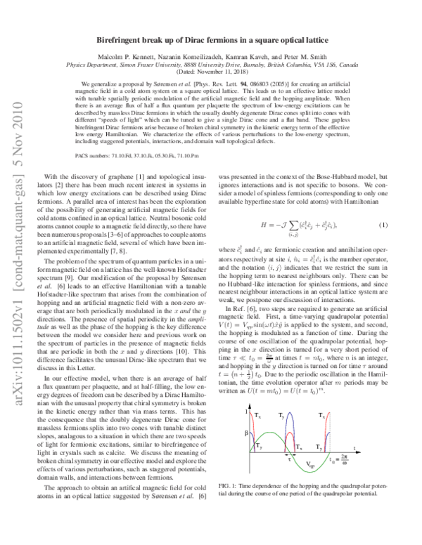 (PDF) Birefringent breakup of Dirac fermions on a square optical lattice