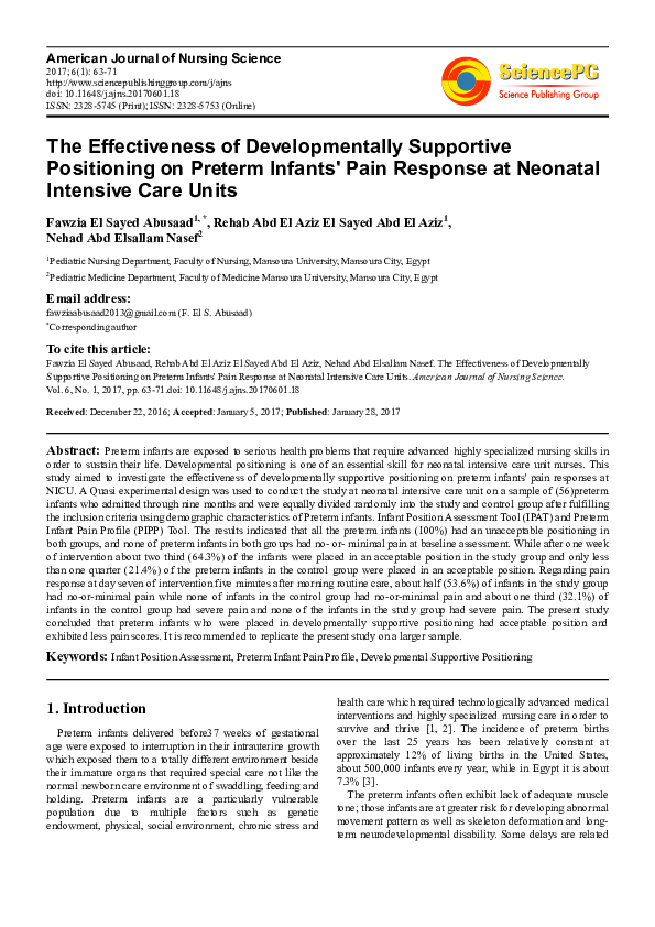 (PDF) The Effectiveness of Developmentally Supportive Positioning on ...