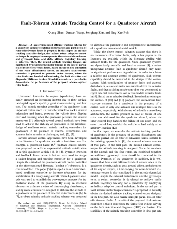 (PDF) Fault-tolerant attitude tracking control for a quadrotor aircraft