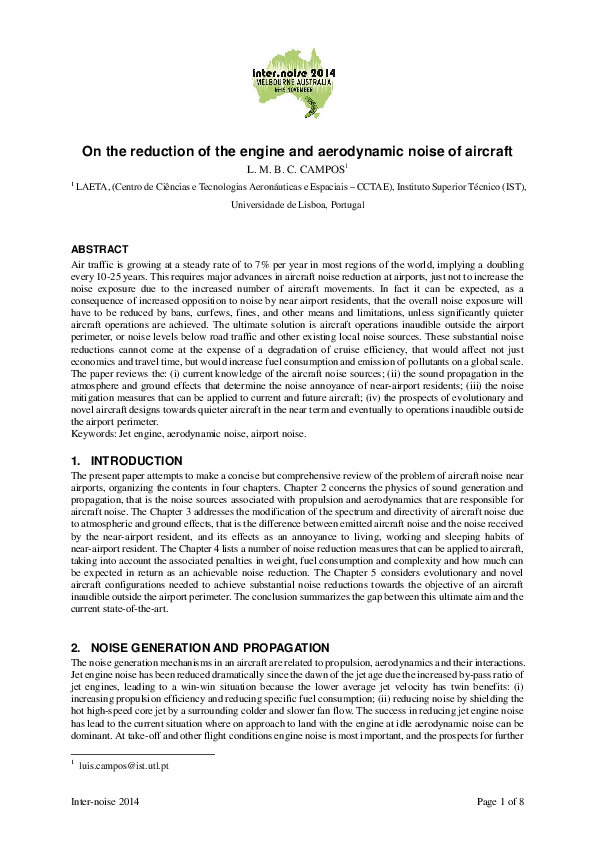 (PDF) On the reduction of the engine and aerodynamic noise of aircraft