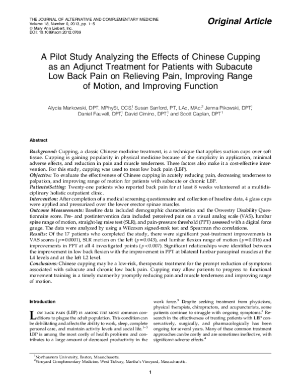 (PDF) A Pilot Study Analyzing the Effects of Chinese Cupping as an Adjunct Treatment for