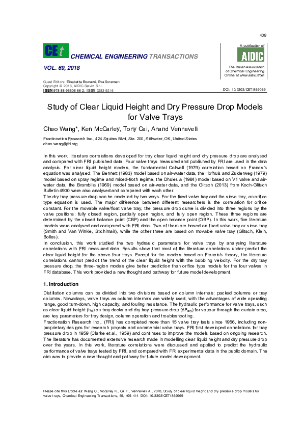 (PDF) Study of Clear Liquid Height and Dry Pressure Drop Models for ...