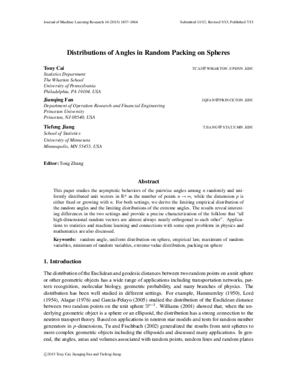 (PDF) Distributions of angles in random packing on spheres