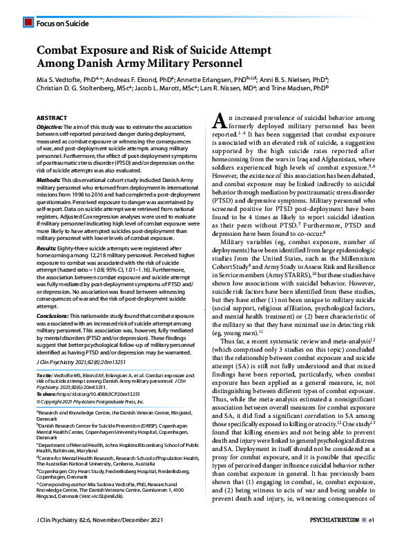 (PDF) Combat Exposure and Risk of Suicide Attempt Among Danish Army ...