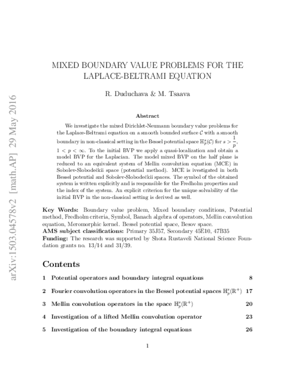 (PDF) Mixed boundary value problems for the Laplace–Beltrami equation