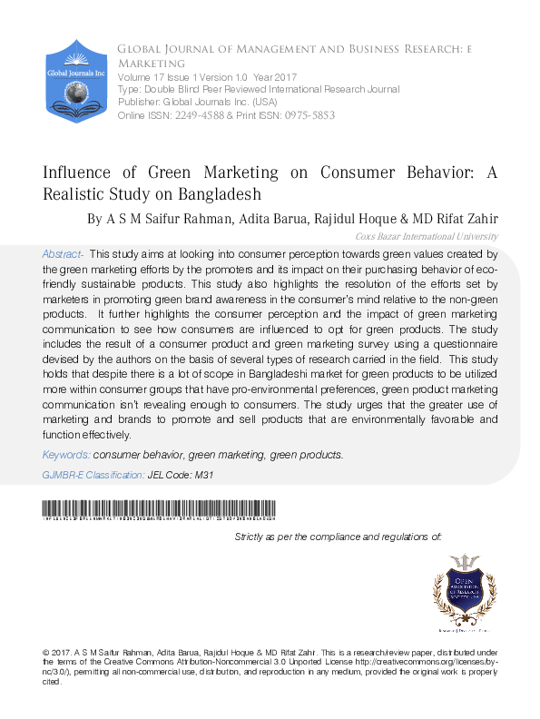 (PDF) Influence of Green Marketing on Consumer Behavior : A Realistic ...