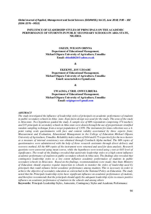 (PDF) Influence of Leadership Styles of Principals on the Academic ...