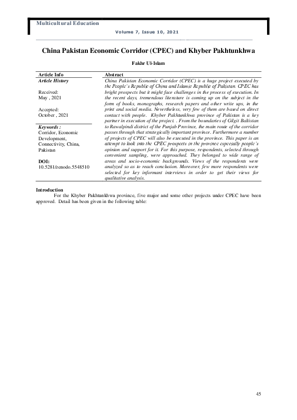 (PDF) China Pakistan Economic Corridor (CPEC) and Khyber Pakhtunkhwa