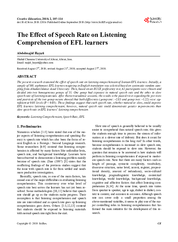 (PDF) The Effect of Speech Rate on Listening Comprehension of EFL learners