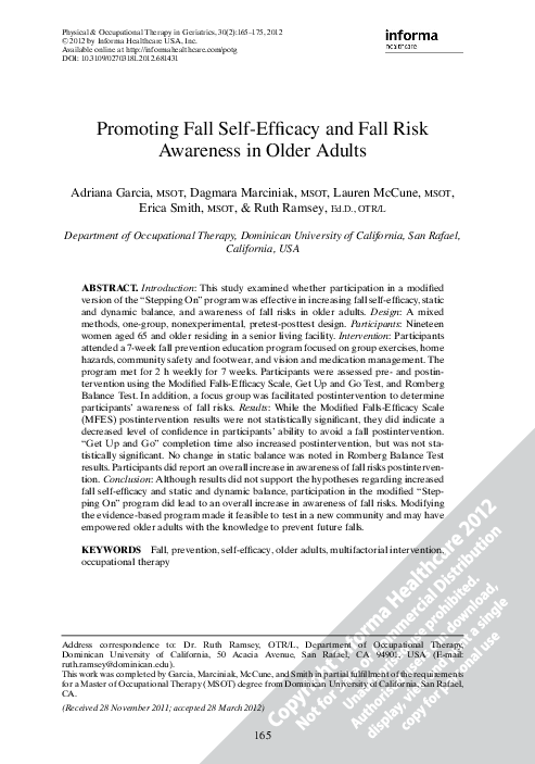 (PDF) Promoting Fall Self-Efficacy and Fall Risk Awareness in Older Adults