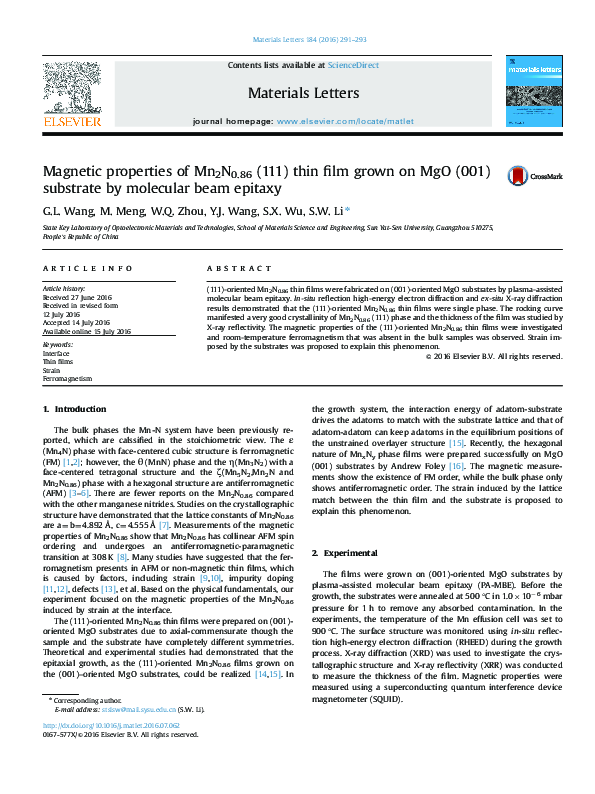 (PDF) Magnetic properties of Mn2N0.86 (111) thin film grown on MgO (001 ...