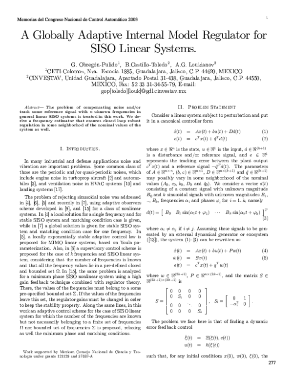 (PDF) A Globally Adaptive Internal Model Regulator for MIMO Linear Systems