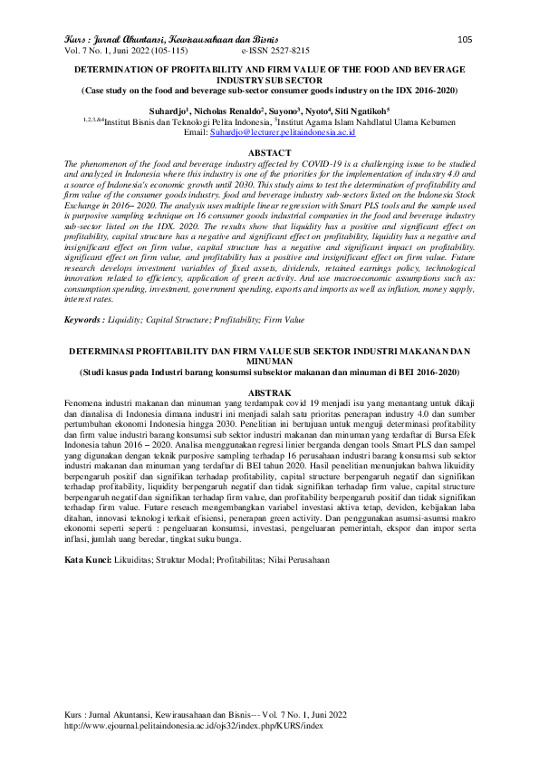 (PDF) DETERMINATION OF PROFITABILITY AND FIRM VALUE OF THE FOOD AND ...