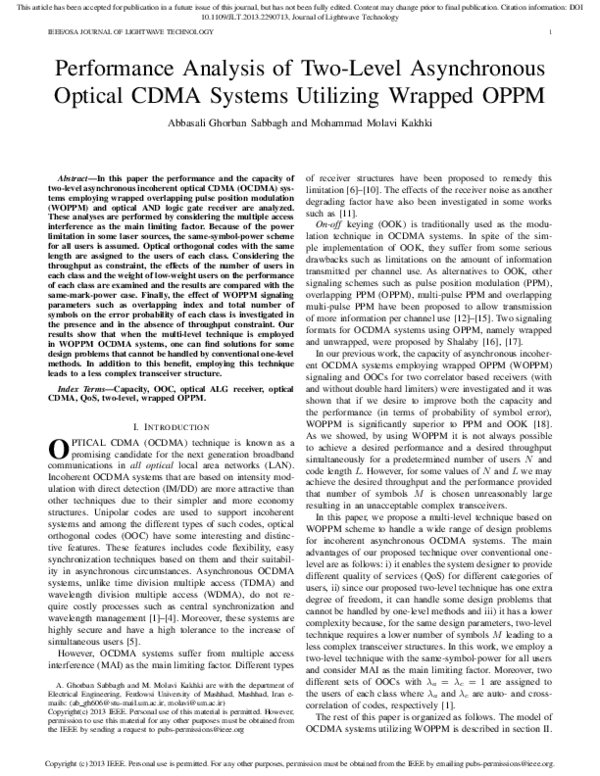 (PDF) Performance Analysis of Two-Level Asynchronous Optical CDMA ...