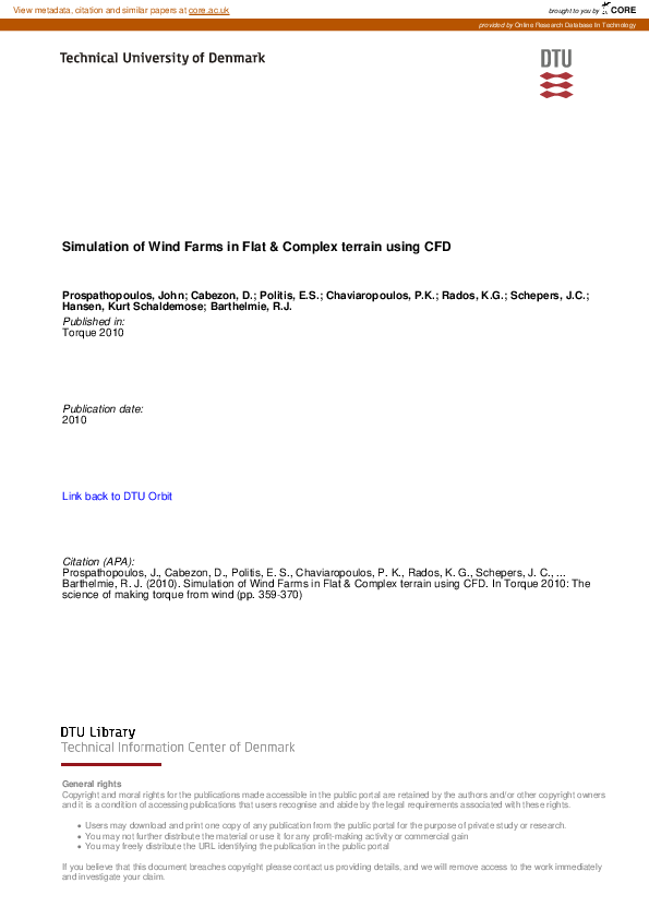 (PDF) Simulation of Wind Farms in Flat & Complex terrain using CFD