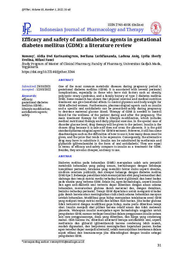 (PDF) Efficacy and safety of antidiabetics agents in gestational