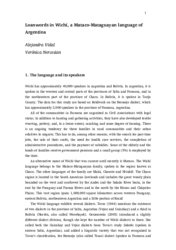 (PDF) 40. Loanwords in Wichí, a Mataco-Mataguayan language of Argentina