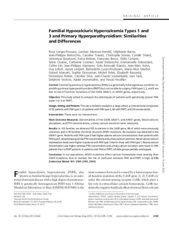 (PDF) Familial hypocalciuric hypercalcemia types 1 and 3 and primary ...