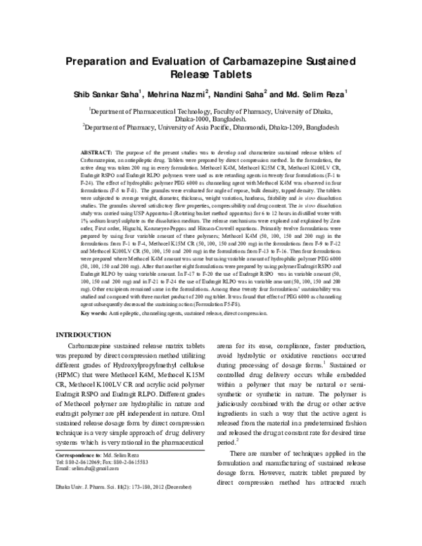 (PDF) Preparation and Evaluation of Carbamazepine Sustained Release Tablets
