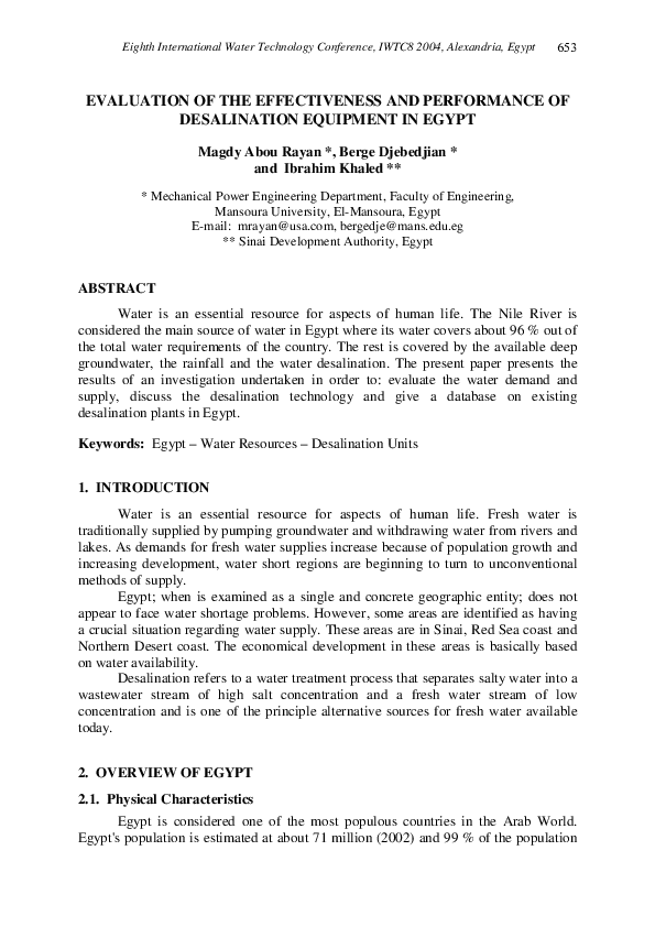 (PDF) Evaluation of the effectiveness and performance of desalination ...