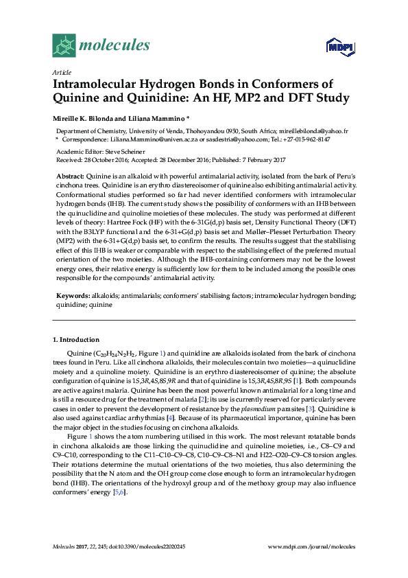 (PDF) Intramolecular Hydrogen Bonds in Conformers of Quinine and ...