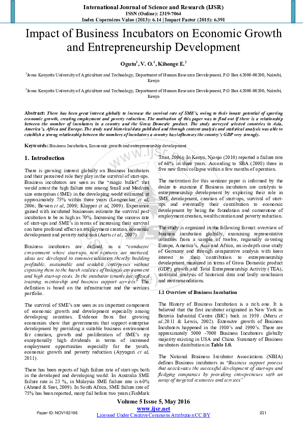 (PDF) Impact of Business Incubators on Economic Growth and