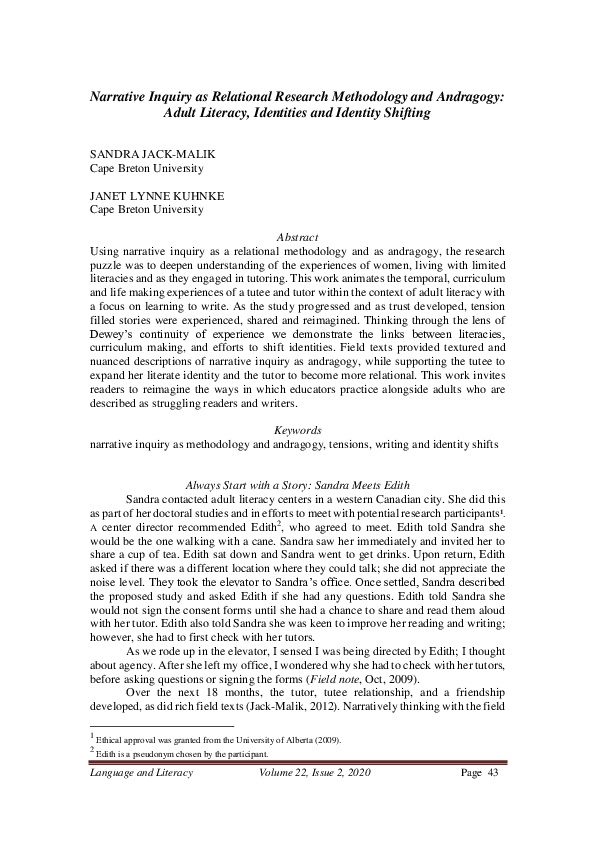 (PDF) Narrative Inquiry as Relational Research Methodology and ...